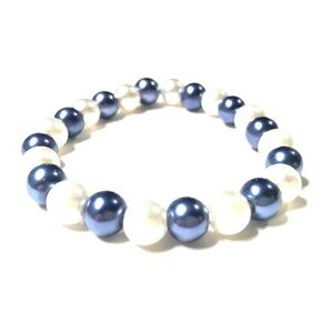 Handmade Navy Blue & White Glass Pearl Beaded Stretch Bracelet Women Gift